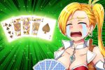  1girl absurdres blonde_hair breasts calamity_jane_(fate/grand_order) card choker cleavage closed_eyes crying defeat earrings emphasis_lines fate/grand_order fate_(series) highres hoop_earrings jewelry playing_card poker royal_flush side_ponytail sotomichi streaming_tears tears 