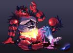  2018 4_toes 5_fingers anthro biped bulge claws digital_media_(artwork) ditto_(pok&eacute;mon) fingers glistening gradient_background green_eyes hi_res incineroar leg_markings male markings multicolored_body muscular muscular_male nintendo nintendo_ds nintendo_ds_family open_mouth orzero_husky plantigrade pok&eacute;mon pok&eacute;mon_(species) rubber simple_background socks_(marking) solo toe_claws toes transformation video_games yellow_sclera 