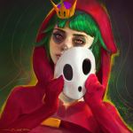  1girl dark_background gloves green_hair highres looking_at_viewer makeup mario_(series) oliver_wetter orange_eyes painting portrait red_gloves red_hood shy_gal shy_guy super_crown super_mario_bros. white_mask 