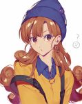 1girl alena_(dq4) bangs beanie blue_headwear blue_shirt brown_eyes brown_hair collared_shirt contemporary curly_hair dragon_quest dragon_quest_iv earrings ebira flat_chest hat jewelry long_hair looking_at_viewer o-ring shirt simple_background solo strap_slip sweater upper_body white_background yellow_sweater zipper 