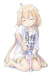  1girl bangs barefoot between_legs bike_shorts blonde_hair closed_eyes closed_mouth clothes_writing collarbone dot_nose drink facing_viewer futaba_anzu hair_tie idolmaster idolmaster_cinderella_girls long_hair low_twintails matsuo_yuusuke milk milk_carton shirt short_sleeves simple_background sitting solo striped striped_bike_shorts t-shirt twintails very_long_hair wariza wavy_mouth white_background white_shirt you_work_you_lose 