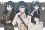  ! 1girl ? blue_eyes blue_hair byleth_(fire_emblem) byleth_(fire_emblem)_(female) closed_mouth crossed_arms fire_emblem fire_emblem:_three_houses from_side garreg_mach_monastery_uniform grey_background highres long_sleeves looking_to_the_side maid maid_headdress medium_hair mohazzing multiple_views simple_background spoken_exclamation_mark spoken_question_mark uniform upper_body 