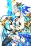  1girl bangs bare_shoulders black_legwear blue_eyes blue_hair breasts character_request closed_mouth commentary_request cryptract dress eyebrows_visible_through_hair feathered_wings green_wings grey_hair hair_between_eyes hair_ornament halo highres holding holding_sword holding_weapon kikka_(kicca_choco) long_hair looking_at_viewer medium_breasts multicolored_hair single_thighhigh solo sword thighhighs two-tone_hair very_long_hair weapon white_background white_dress wings wrist_cuffs 