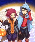  1boy 1girl :d :o android bangs bare_shoulders blush brown_eyes brown_hair capcom detached_sleeves fingerless_gloves gloves green_eyes halloween halloween_basket happy_halloween hibiki_misora highres hoshikawa_subaru_(rockman) jack-o&#039;-lantern open_mouth puffy_shorts purple_hair rockman ryuusei_no_rockman shino_hiro22 short_hair shorts smile spiked_hair 