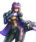  1girl android bangs blunt_bangs breasts capcom cowboy_shot dark_skin dgrp_(minhduc12333) hair_over_eyes headgear headset highres hime_cut large_breasts layer long_hair mole mole_under_eye purple_hair robot_ears rockman rockman_x simple_background solo underboob white_background 