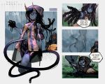  &gt;_&lt; 1girl 1other :t absurdres artist_name bike_shorts black_sclera blue_skin commentary copyright_name cropped_legs danielle_brindle death_stranding english_text furrowed_eyebrows highres hood hoodie horns jacket long_hair looking_at_viewer monster_girl o_o personification rain tentacle_hair umbilical_cord 