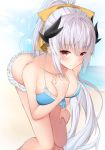  1girl bad_anatomy bangs bare_arms bare_legs beach bikini blue_bikini blush bow breasts closed_mouth cloud collarbone dragon_horns eyebrows_visible_through_hair eyes_visible_through_hair fate/grand_order fate_(series) feet_out_of_frame frilled_bikini frills front-tie_bikini front-tie_top hair_between_eyes hair_ornament hair_ribbon hand_on_own_chest highres horns kiyohime_(fate/grand_order) kiyohime_(swimsuit_lancer)_(fate) large_breasts leaning_forward light_smile long_hair looking_at_viewer ocean outdoors ponytail red_eyes ribbon solo standing swimsuit very_long_hair water white_hair yellow_bow yuzuzukushi 