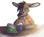  1an1 anthro beverage brown_body brown_fur buckteeth cheek_tuft chest_tuft chips_(food) clothed clothing eating face_tuft food fur furniture green_eyes head_tuft inner_ear_fluff lagomorph leporid looking_away mammal rabbit shirt simple_background soda solo straw table teeth topwear tuft whiskers white_background 