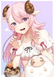  1boy animal_ears bangs braid crossdressing extra_ears eyebrows_visible_through_hair hair_ornament highres horns iriam long_hair male_focus mizuki_eiru_(akagi_kurage) mole mole_under_eye nemu_nemuru open_mouth otoko_no_ko paw_pose pink_hair purple_eyes sheep_boy sheep_ears sheep_horns single_braid smile stuffed_animal stuffed_sheep stuffed_toy virtual_youtuber x_hair_ornament 