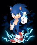  1boy blue_fur blue_spine commentary electricity english_commentary full_body gloves green_eyes hand_on_hip hedgehog highres index_finger_raised jewelry kohane01 male_focus red_footwear redesign ring shoes smirk sneakers snout solo sonic sonic_the_hedgehog sonic_the_hedgehog_(movie) sparkle white_gloves 