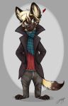  &lt;3 2019 african_wild_dog anthro barefoot belt bottomwear canid canine cheek_tuft claws clothed clothing coat dipstick_ears face_tuft green_eyes grey_background hands_in_pockets hi_res inner_ear_fluff juantriforce042 mammal milo_(juantriforce) multicolored_ears neck_tuft pants pockets scarf signature simple_background solo standing toe_claws topwear tuft 
