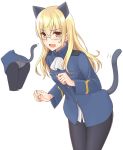  1girl animal_ears ass black_legwear blonde_hair blush breasts cat_ears cat_tail eyebrows_visible_through_hair glasses long_hair looking_at_viewer military military_uniform momiji7728 multiple_views neckerchief open_mouth panties pantyhose perrine_h_clostermann shiny shiny_clothes shiny_hair simple_background small_breasts standing strike_witches sweat tail tongue underwear uniform wavy_mouth white_background white_neckwear white_panties world_witches_series yellow_eyes 