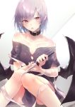  1girl bandaged_arm bandages bangs bare_shoulders bat_wings black_choker black_shirt blush choker collarbone commentary_request eyebrows_visible_through_hair feet_out_of_frame grey_background hair_between_eyes highres holding holding_knife holding_weapon knees_together_feet_apart knife lavender_hair looking_at_viewer naked_shirt no_hat no_headwear off-shoulder_shirt off_shoulder parted_lips pointy_ears red_eyes remilia_scarlet reverse_grip sakusyo shirt short_hair short_sleeves sitting solo touhou weapon wings 