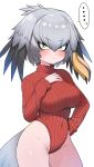  ... 1girl :/ alternate_costume bangs bird_tail blonde_hair blush commentary cowboy_shot eyebrows_visible_through_hair feathered_wings green_eyes grey_hair hair_between_eyes hand_on_hip hand_on_own_chest head_wings highleg highleg_leotard highres kemono_friends leotard long_sleeves looking_at_viewer meme_attire multicolored_hair ransusan red_leotard red_sweater ribbed_leotard ribbed_sweater shoebill_(kemono_friends) short_hair simple_background single_sidelock solo spoken_ellipsis sweatdrop sweater turtleneck turtleneck_leotard turtleneck_sweater two-tone_hair v-shaped_eyebrows white_background wings 