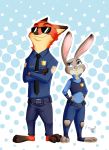  abstract_background anthro barefoot blue_background bottomwear canid canine cheek_tuft clothed clothing crossed_arms dipstick_ears disney duo eyewear face_tuft fox fully_clothed fur hands_on_hips hi_res judy_hopps lagomorph leg_markings leporid looking_at_another mammal markings minouze multicolored_ears neck_tuft necktie nick_wilde orange_body orange_fur pants pink_nose purple_eyes rabbit red_fox shirt simple_background smile socks_(marking) standing sunglasses tan_body tan_fur toeless_legwear topwear tuft zootopia 