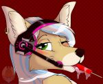  2019 anthro blush bodily_fluids canid canine canis digital_media_(artwork) ear_piercing female fennec food fox fur grumpy_griffin_creations hair hybrid looking_at_viewer mammal microphone one_eye_closed piercing simple_background smile solo suggestive suggestive_food tongue wink wolf 