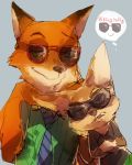  anthro bi-koo black_nose canid canine cheek_tuft clothed clothing dipstick_ears disney duo eyewear face_tuft fennec finnick fox fur green_eyes grey_background inner_ear_fluff looking_at_viewer mammal multicolored_ears necktie nick_wilde orange_body orange_fur red_fox shirt simple_background sunglasses tan_body tan_fur topwear tuft zootopia 