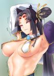  armor armpits arms_behind_head arms_up bangs bare_shoulders black_hair blush breasts closed_eyes detached_sleeves fate/grand_order fate_(series) feathers forehead gachou hair_bun hair_feathers hair_ornament japanese_armor kusazuri large_breasts long_hair mismatched_sleeves navel nipple_slip nipples parted_bangs side_bun side_ponytail solo stretch sweat trembling ushiwakamaru_(fate/grand_order) very_long_hair wide_sleeves 