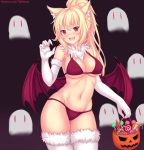  1girl animal_ear_fluff animal_ears bikini blonde_hair breasts candy cat_ears claws cowboy_shot demon_wings elbow_gloves english_commentary eyebrows_visible_through_hair fang fast-runner-2024 food fur_trim ghost gloves gradient gradient_background halloween highres large_breasts long_hair looking_at_viewer navel open_mouth original red_bikini red_eyes slit_pupils solo standing swimsuit thighhighs tiffy_(fast-runner-2024) white_gloves white_legwear wings 