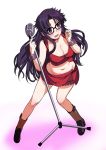 1girl bare_arms black_hair blue_eyes blush boots breasts brown_footwear cleavage commentary_request cosplay crop_top embarrassed glasses large_breasts long_hair meiko meiko_(cosplay) messy_hair microphone midriff miniskirt navel open_mouth read_or_die red_skirt sakaki_imasato skirt sleeveless solo vintage_microphone wrist_cuffs yomiko_readman 