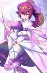  1girl bangs bare_shoulders blush breasts dress fate/grand_order fate_(series) fur-trimmed_dress hair_between_eyes hair_ribbon headpiece holding holding_wand large_breasts long_hair looking_at_viewer ponytail purple_dress purple_hair purple_legwear purple_ribbon red_eyes ribbon scathach_(fate)_(all) scathach_skadi_(fate/grand_order) smile solo thighhighs thighs tiara untsue wand 