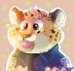  abstract_background anthro benjamin_clawhauser brown_eyes brown_spots bust_portrait cheek_tuft clothed clothing disney doughnut eating face_tuft fangs fluffy food front_view fur head_tuft hi_res inner_ear_fluff light lighting necktie police_uniform portrait shirt solo spots spotted_body spotted_fur topwear tuft uniform whiskers yellow_body yellow_fur zaphyray zootopia 