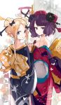  2girls :o abigail_williams_(fate/grand_order) alternate_costume bangs bare_shoulders black_bow black_kimono blonde_hair blue_eyes blush bow breasts cleavage closed_mouth collarbone double_bun eyebrows_visible_through_hair fate/grand_order fate_(series) hair_bow hair_ornament holding_hands interlocked_fingers japanese_clothes katsushika_hokusai_(fate/grand_order) kimono long_hair looking_at_viewer looking_back medium_breasts mitu_yang multiple_girls off_shoulder orange_bow parted_bangs parted_lips purple_eyes purple_hair sidelocks smile torii 