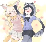  2girls :d ^_^ absurdres animal_ear_fluff animal_ears black_hair black_neckwear black_skirt blonde_hair blush bow bowtie brown_eyes closed_eyes commentary common_raccoon_(kemono_friends) cowboy_shot elbow_gloves extra_ears eyebrows_visible_through_hair fang fennec_(kemono_friends) fox_ears fox_girl fox_tail fur_collar fur_trim gloves gradient_gloves grey_hair grey_legwear heart highres index_finger_raised kemono_friends kona_ming multicolored_hair multiple_girls open_mouth outstretched_arms pantyhose pleated_skirt puffy_short_sleeves puffy_sleeves raccoon_ears raccoon_tail short_hair short_sleeves simple_background skirt smile striped_tail tail thighhighs walking white_gloves white_skirt yellow_legwear yellow_neckwear 