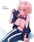  1girl arm_support ashido_mina bare_shoulders black_sclera blush boku_no_hero_academia breasts camisole character_name closed_mouth embarrassed eyebrows_visible_through_hair furrowed_eyebrows gym_uniform hand_up horns jacket looking_to_the_side medium_breasts messy_hair moruta_(sunu-pio) navel nipples no_bra nose_blush open_clothes open_jacket pants pink_hair pink_skin sitting solo stomach striped striped_background striped_legwear track_jacket track_pants track_suit undressing vertical-striped_background vertical-striped_legwear vertical_stripes yellow_eyes 
