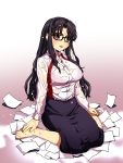  1girl black_hair black_skirt blush breasts commentary_request glasses gradient gradient_background highres large_breasts long_hair long_skirt long_sleeves necktie nectie open_mouth paper read_or_die red_neckwear sakaki_imasato see-through shirt simple_background sitting skirt solo wariza water wet wet_clothes white_shirt yomiko_readman 