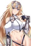  1girl armor bangs blonde_hair blue_eyes blush breasts chain closed_mouth collar crop_top elbow_gloves fate/apocrypha fate_(series) fur-trimmed_gloves fur_trim gauntlets gloves headpiece highres jeanne_d&#039;arc_(fate) jeanne_d&#039;arc_(fate)_(all) kurosawa_(hjkl42332) large_breasts long_hair looking_at_viewer metal_collar smile solo very_long_hair 