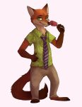  1an1 anthro barefoot bottomwear brown_tail canid canine cheek_tuft claws clothed clothing disney face_tuft fangs fluffy fluffy_tail food fox fully_clothed fur green_eyes hi_res holding_food holding_object looking_at_viewer mammal neck_tuft necktie nick_wilde orange_body orange_fur pants pawpads pawpsicle popsicle red_fox shirt simple_background solo standing tan_body tan_fur topwear tuft white_background zootopia 