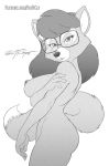  2019 anthro breasts butt canid canine dipstick_tail disney eyewear female fox glasses greyscale hair hi_res long_hair looking_at_viewer mammal monochrome multicolored_tail myra_foxworthy nipples nude pose scificat side_boob solo talespin 
