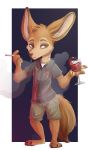  1an1 alcohol beverage bottomwear brown_eyes canid canine cheek_tuft cigarette clothed clothing disney face_tuft fennec finnick fluffy fluffy_tail fox fully_clothed fur head_tuft hi_res holding_cup holding_object inner_ear_fluff mammal neck_tuft shirt shorts smoke smoking solo standing tan_body tan_fur topwear tuft wine wine_glass zootopia 