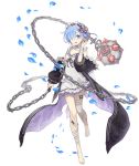  1girl :d bandages bare_shoulders barefoot blue_eyes blue_hair chain crossover dress flail full_body hair_over_one_eye hairband ji_no looking_at_viewer off_shoulder official_art open_mouth petals re:zero_kara_hajimeru_isekai_seikatsu rem_(re:zero) sinoalice smile solo transparent_background upper_teeth weapon white_dress 