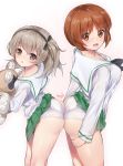  2girls ass ass-to-ass bangs blouse blush breasts brown_eyes brown_hair debutya_aki girls_und_panzer gradient gradient_background green_skirt heart highres light_brown_eyes light_brown_hair long_sleeves looking_at_viewer medium_breasts multiple_girls nishizumi_miho one_side_up ooarai_school_uniform panties pleated_skirt school_uniform serafuku shimada_arisu shiny shiny_hair shiny_skin short_hair skirt smile standing stuffed_animal stuffed_toy underwear white_background white_blouse white_panties 