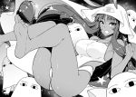  1girl animal_ears ass bangs bare_shoulders barefoot blanket blunt_bangs blush breasts collarbone cosplay dark_skin earrings facepaint facial_mark fate/grand_order fate_(series) feet greyscale hair_between_eyes hair_tubes highleg highleg_swimsuit hoop_earrings jackal_ears jewelry kekocha kickboard large_breasts legs long_hair looking_at_viewer low-tied_long_hair medjed medjed_(cosplay) monochrome nitocris_(fate/grand_order) nitocris_(swimsuit_assassin)_(fate) one-piece_swimsuit open_mouth sidelocks smile soles sparkle star swimsuit thighs toes very_long_hair 