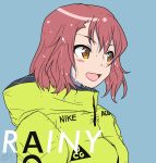  1girl artist_name blue_background brown_eyes casual commentary_request dated english_commentary english_text girls_und_panzer highres hooded_coat medium_hair nike open_mouth portrait red_hair rosehip signature simple_background smile solo wet wet_hair yellow_coat zono_(inokura_syuzo029) 