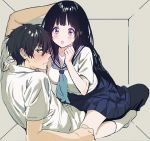  1boy 1girl arms_up bangs black_hair blush box breasts chitanda_eru closed_mouth couple ear_blush embarrassed eyebrows_visible_through_hair green_eyes hair_between_eyes hand_on_another&#039;s_shoulder hetero hyouka in_box in_container indoors kneehighs leaning_back long_hair looking_at_another looking_to_the_side mery_(apfl0515) open_mouth oreki_houtarou purple_eyes school_uniform serafuku shirt short_sleeves sitting sitting_on_person skirt sweat sweatdrop white_legwear white_shirt 