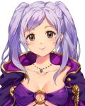  1girl bikini braid brown_eyes closed_mouth coat collarbone fire_emblem fire_emblem_awakening fire_emblem_heroes french_braid jewelry jurge long_hair looking_at_viewer necklace o-ring o-ring_bikini o-ring_top open_clothes open_coat purple_bikini purple_coat robin_(fire_emblem) robin_(fire_emblem)_(female) simple_background smile solo strapless strapless_bikini swimsuit twintails upper_body white_background white_hair 