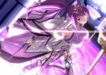  1girl bangs breasts castle dress fate/grand_order fate_(series) fur-trimmed_dress fur_trim hair_between_eyes headpiece highres holding holding_wand large_breasts looking_at_viewer night outdoors purple_dress purple_hair red_eyes scathach_(fate)_(all) scathach_skadi_(fate/grand_order) smile solo tiara tsuuhan upside-down wand 