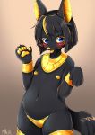  anthro anubian_jackal black_body black_fur black_hair blonde_hair blue_eyes blush bracelet canid canine canis claws clothed clothing egyptian female flat_chested fur gold_(metal) gold_nipples hair hi_res jackal jewelry kemono mammal multicolored_hair navel nipples pawpads shiitakemeshi short_hair solo tongue tongue_out topless 