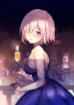  1girl bangs bare_shoulders bison_cangshu blue_dress blurry blurry_background blush breasts champagne_flute commentary_request cup depth_of_field dress drink drinking_glass earrings eyebrows_visible_through_hair fate/grand_order fate_(series) gloves grey_gloves hair_between_eyes half_gloves highres holding holding_cup jewelry large_breasts looking_at_viewer looking_to_the_side mash_kyrielight night outdoors parted_lips pink_hair pleated_dress purple_eyes railing revision short_hair smile solo strapless strapless_dress stud_earrings 