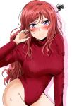  1girl alternate_hair_length alternate_hairstyle blush commentary_request covered_nipples highleg highleg_leotard highres leotard long_hair looking_at_viewer love_live! love_live!_school_idol_project nishikino_maki older purple_eyes red_hair red_leotard ribbed_leotard shogo_(4274732) simple_background solo squiggle striped_leotard turtleneck_leotard white_background 