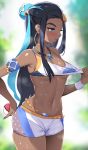  1girl :o armlet bike_shorts black_hair blue_eyes blue_hair blurry blurry_background breasts collarbone cowboy_shot crop_top dark_skin depth_of_field earrings hair_bun hand_on_hip highres holding holding_poke_ball hoop_earrings jewelry looking_away looking_down medium_breasts navel necklace noripachi parted_lips poke_ball poke_ball_(generic) pokemon pokemon_(game) pokemon_swsh rurina_(pokemon) shorts sidelocks skindentation solo stomach sweat sweatband two_side_up underboob wet white_shorts 