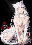  1girl :o all_fours animal_ears bare_shoulders black_background breasts cleavage fingernails flower fur fur_collar head_tilt highres large_breasts long_hair looking_at_viewer navel open_mouth original petals red_flower rose sharp_fingernails solo tail takeashiro very_long_hair white_eyes white_hair wolf_ears wolf_girl wolf_tail 