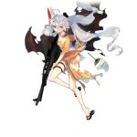  1girl ahoge alternate_costume bangs bare_legs closed_mouth fan floating_hair floral_background fox_mask full_body girls_frontline grey_hair gun hair_between_eyes holding holding_gun holding_weapon holster japanese_clothes kimono long_hair looking_at_viewer low_twintails machine_gun mask mask_on_head mouth_hold no_sense_of_shame official_art paper_fan pkp_(girls_frontline) pkp_pecheneg sandals silver_hair solo thigh_holster thigh_strap toothpick torn_clothes torn_kimono transparent_background tsurime twintails uchiwa very_long_hair weapon yellow_eyes yellow_kimono yukata 