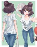  1girl absurdres apple ass bag bareru blue_eyes blurry border breasts brown_hair casual denim depth_of_field fate/grand_order fate_(series) food from_behind fruit green_background hair_bun highres jeans katsushika_hokusai_(fate/grand_order) large_breasts midriff_peek multiple_views pants plastic_bag sandals shirt shopping_bag solo sweat t-shirt tripping wavy_mouth white_border 