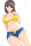 1girl anegasaki_nene arm_behind_back bare_arms bare_shoulders bikini breasts brown_eyes brown_hair cleavage closed_mouth collarbone commentary_request cutoffs denim denim_shorts dutch_angle eyebrows_visible_through_hair finger_to_mouth highres looking_at_viewer love_plus masaoka_misaki medium_breasts mole mole_under_eye navel open_clothes open_fly open_shorts plus_sign short_hair shorts simple_background smile solo stomach swimsuit thighs white_background yellow_bikini 