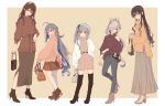  5girls :d ahoge alternate_costume ankle_boots asashimo_(kantai_collection) ashigara_(kantai_collection) asymmetrical_clothes bag bangs belt beret black_footwear black_hair blue_eyes blush boots border brown_eyes brown_footwear brown_hair brown_skirt brown_sweater casual closed_mouth colis contrapposto dress earrings full_body glasses green_eyes grey_hair grey_pants grey_skirt grin hair_over_one_eye hairband handbag hat height_difference high_heel_boots high_heels holding holding_bag jacket jewelry kantai_collection kasumi_(kantai_collection) kiyoshimo_(kantai_collection) knee_boots long_hair long_skirt long_sleeves looking_at_viewer low_ponytail miniskirt multiple_girls ooyodo_(kantai_collection) open_clothes open_jacket open_mouth orange_sweater outside_border pants plaid plaid_skirt ponytail puffy_long_sleeves puffy_sleeves round_eyewear sharp_teeth shoulder_bag shoulder_cutout side_ponytail sidelocks silver_hair simple_background single_bare_shoulder skirt sleeves_past_wrists smile standing sweater sweater_dress teeth thigh_boots thighhighs turtleneck turtleneck_sweater twitter_username two-tone_background very_long_hair wavy_hair white_border white_headwear white_jacket yellow_background yellow_eyes yellow_hairband yellow_sweater 